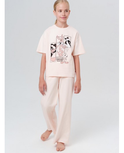 Комплект трикотажный для девочек: фуфайка (футболка), брюки бежевый