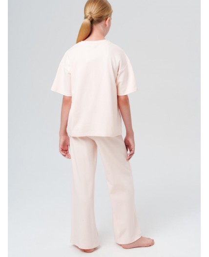 Комплект трикотажный для девочек: фуфайка (футболка), брюки бежевый