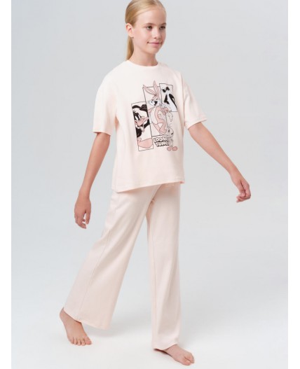 Комплект трикотажный для девочек: фуфайка (футболка), брюки бежевый