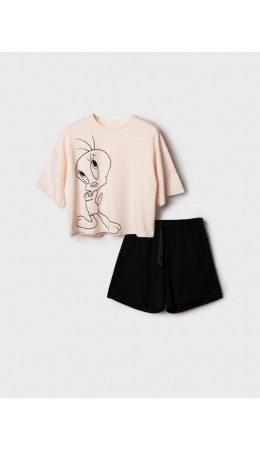 Комплект трикотажный для женщин: фуфайка (футболка), шорты бежевый,черный