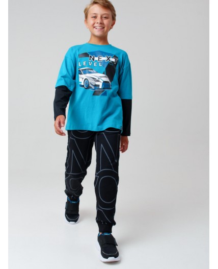 Фуфайка трикотажная для мальчиков (футболка с длинными рукавами) черный,бирюзовый