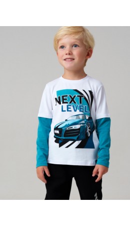 Фуфайка трикотажная для мальчиков (футболка с длинными рукавами) белый,бирюзовый