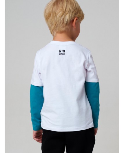 Фуфайка трикотажная для мальчиков (футболка с длинными рукавами) белый,бирюзовый