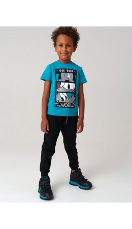 Комплект трикотажный для мальчиков: фуфайка (футболка с длинными рукавами), брюки бирюзовый,черный