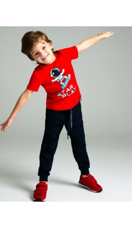 Комплект трикотажный для мальчиков: фуфайка (футболка), брюки красный,тёмно-синий