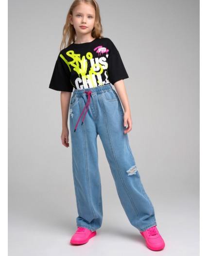 Брюки текстильные джинсовые для девочек голубой