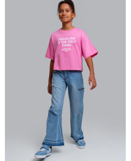 Брюки текстильные джинсовые для девочек голубой