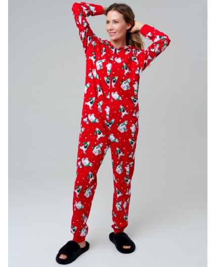 Пижама-комбинезон трикотажная унисекс для взрослых красный