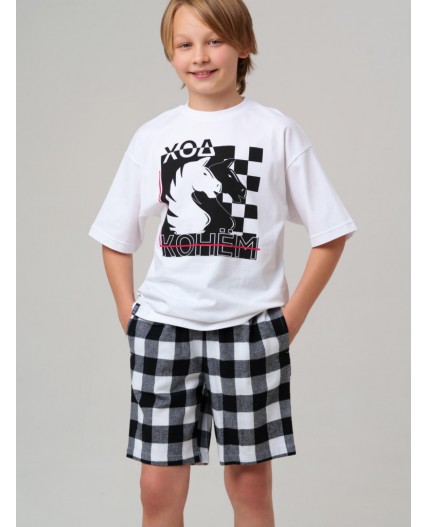 Комплект для мальчиков: фуфайка (футболка) трикотажная, шорты текстильные белый,черный