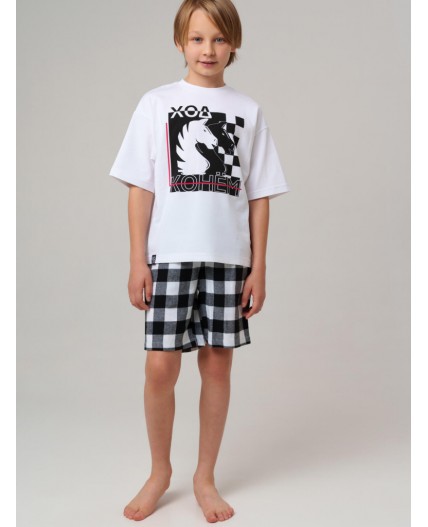Комплект для мальчиков: фуфайка (футболка) трикотажная, шорты текстильные белый,черный