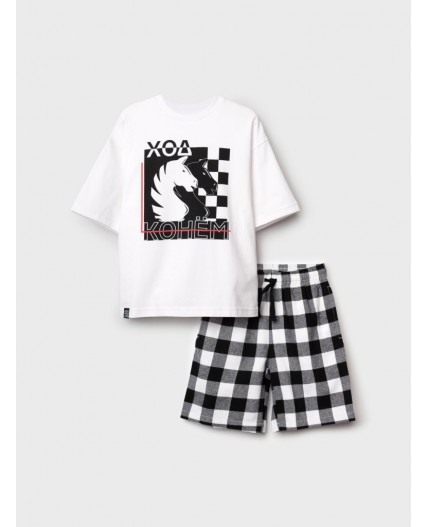 Комплект для мальчиков: фуфайка (футболка) трикотажная, шорты текстильные белый,черный