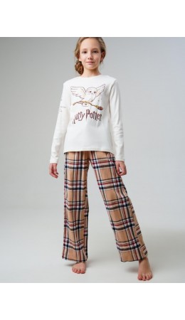 Комплект для девочек: фуфайка (футболка с длинными рукавами) трикотажная, брюки текстильные разноцветный