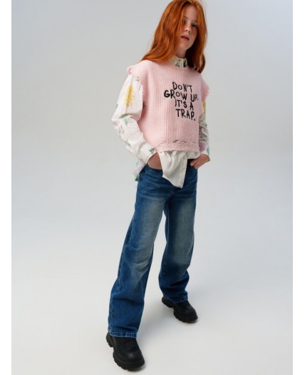 Брюки текстильные джинсовые утепленные для девочек тёмно-синий