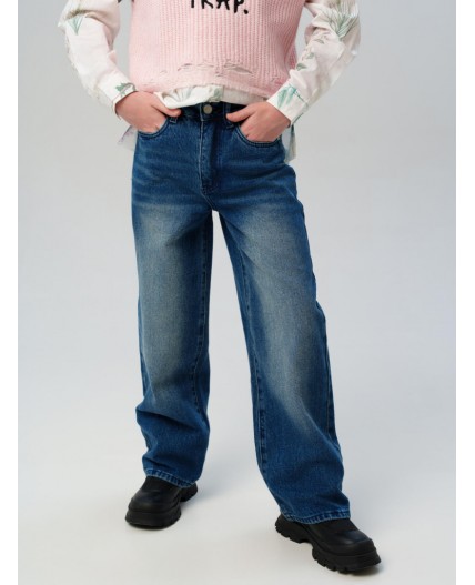 Брюки текстильные джинсовые утепленные для девочек тёмно-синий