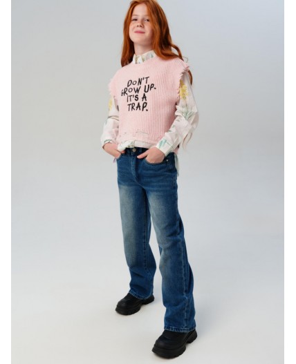 Брюки текстильные джинсовые утепленные для девочек тёмно-синий