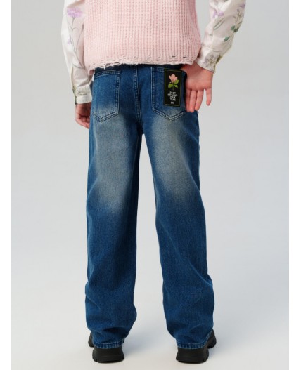 Брюки текстильные джинсовые утепленные для девочек тёмно-синий