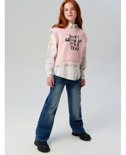 Брюки текстильные джинсовые утепленные для девочек тёмно-синий