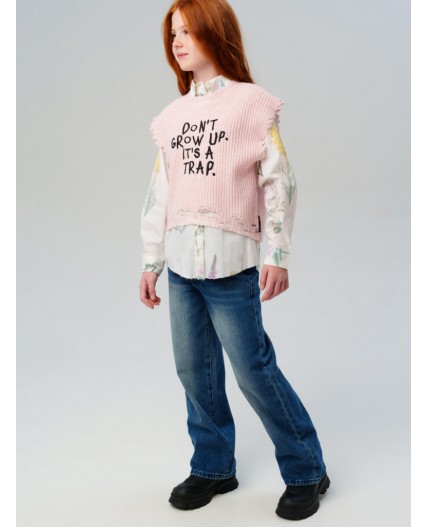 Брюки текстильные джинсовые утепленные для девочек тёмно-синий