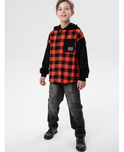 Рубашка текстильная с рукавами и капюшоном из трикотажа для мальчиков черный,красный