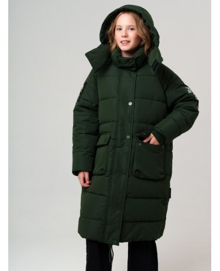 Пальто текстильное с полиуретановым покрытием для девочек темно-зеленый