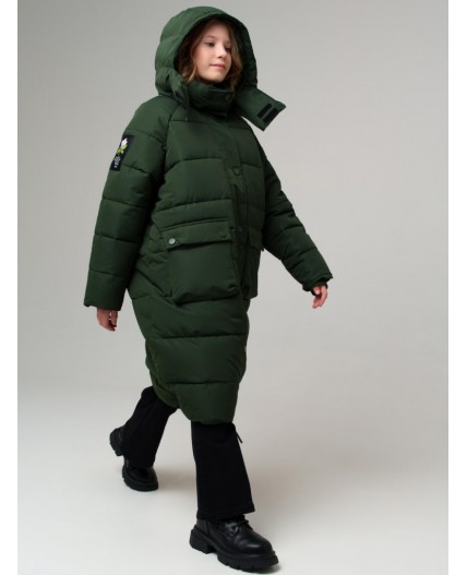 Пальто текстильное с полиуретановым покрытием для девочек темно-зеленый