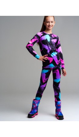 Термокомплект трикот. для девочек: фуфайка (футболка) с длин. рук, брюки для эпизод. использования черный,разноцветный