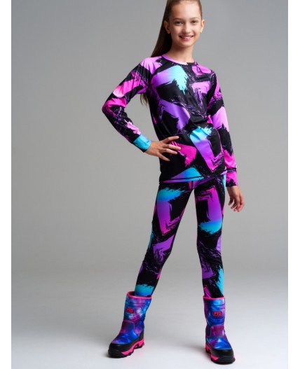 Термокомплект трикот. для девочек: фуфайка (футболка) с длин. рук, брюки для эпизод. использования черный,разноцветный