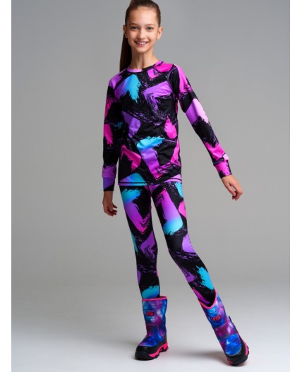 Термокомплект трикот. для девочек: фуфайка (футболка) с длин. рук, брюки для эпизод. использования черный,разноцветный