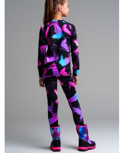 Термокомплект трикот. для девочек: фуфайка (футболка) с длин. рук, брюки для эпизод. использования черный,разноцветный
