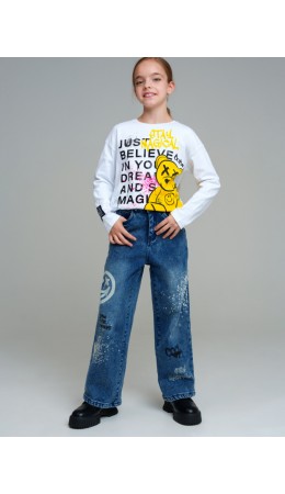 Брюки текстильные джинсовые утепленные флисом для девочек голубой