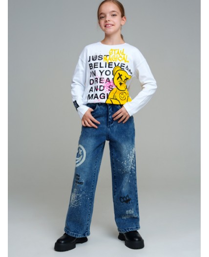 Брюки текстильные джинсовые утепленные флисом для девочек голубой