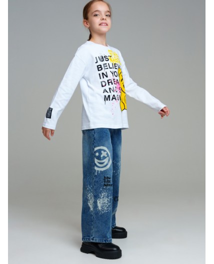 Брюки текстильные джинсовые утепленные флисом для девочек голубой