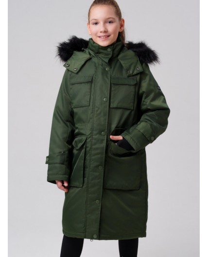 Пальто текстильное с полиуретановым покрытием для девочек темно-зеленый