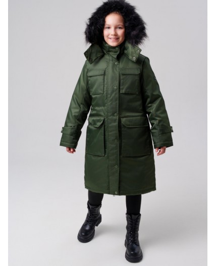 Пальто текстильное с полиуретановым покрытием для девочек темно-зеленый