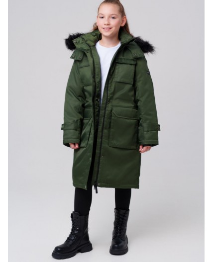 Пальто текстильное с полиуретановым покрытием для девочек темно-зеленый
