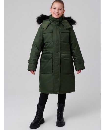 Пальто текстильное с полиуретановым покрытием для девочек темно-зеленый