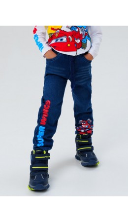 Брюки текстильные джинсовые утепленные флисом для мальчиков тёмно-синий