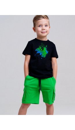 Комплект трикотажный для мальчиков: фуфайка (футболка), шорты черный,зеленый