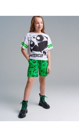 Комплект трикотажный для девочек: фуфайка (футболка), шорты белый,зеленый