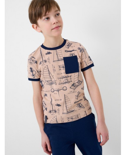 Комплект трикотажный для мальчиков: фуфайка (футболка), брюки dark blue, beige