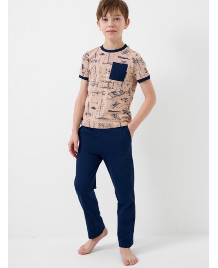 Комплект трикотажный для мальчиков: фуфайка (футболка), брюки dark blue, beige