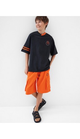 Комплект трикотажный для мальчиков: фуфайка (футболка), шорты черный,оранжевый