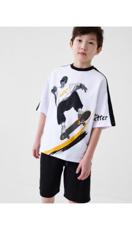 Комплект трикотажный для мальчиков: фуфайка (футболка), шорты белый,черный