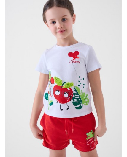 Комплект трикотажный для девочек: фуфайка (футболка), шорты white, red