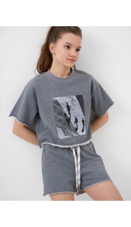 Комплект трикотажный для девочек: джемпер (футболка), шорты grey